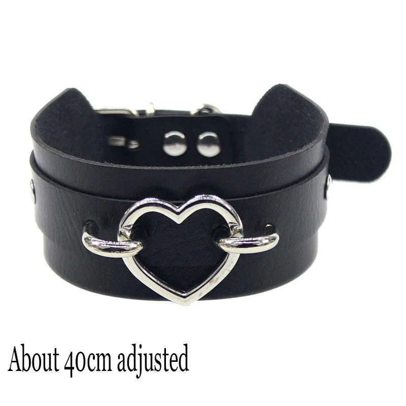 Black PU Leather Heart Lock Choker Necklace-Long Rivet