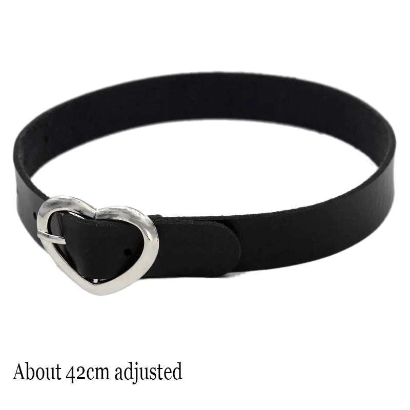 Black PU Leather Heart Lock Choker Necklace-Long Rivet