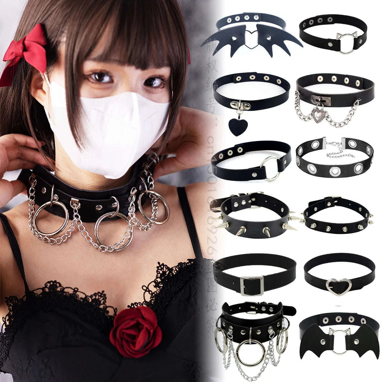 Black PU Leather Heart Lock Choker Necklace-Long Rivet