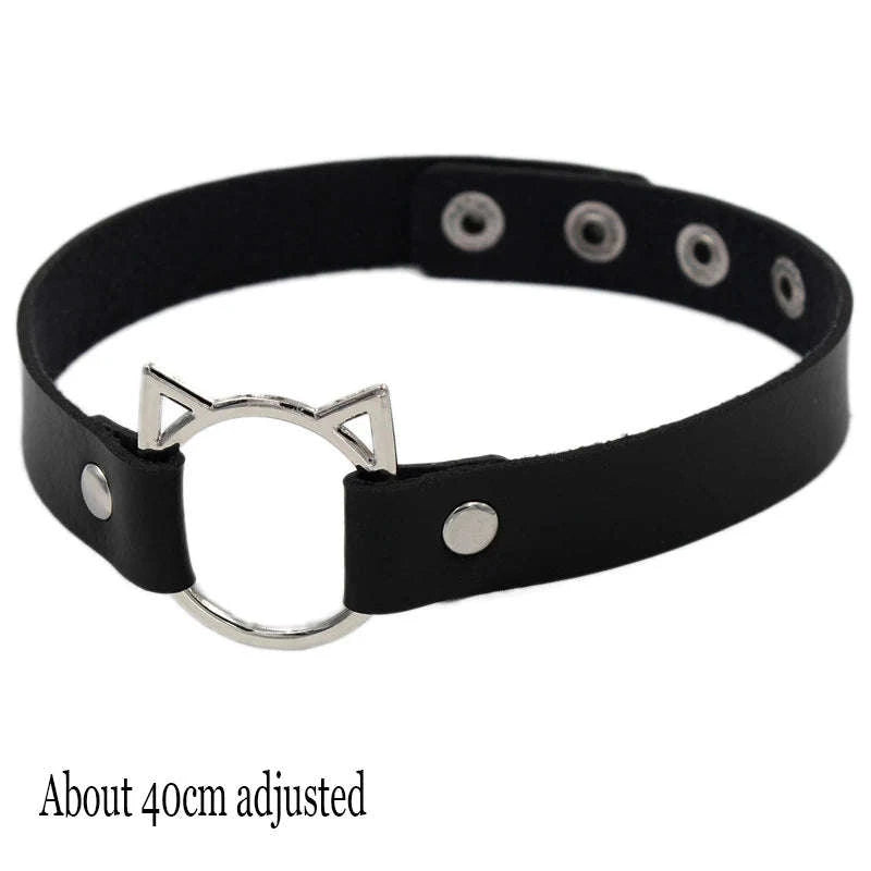 Black PU Leather Heart Lock Choker Necklace-Long Rivet