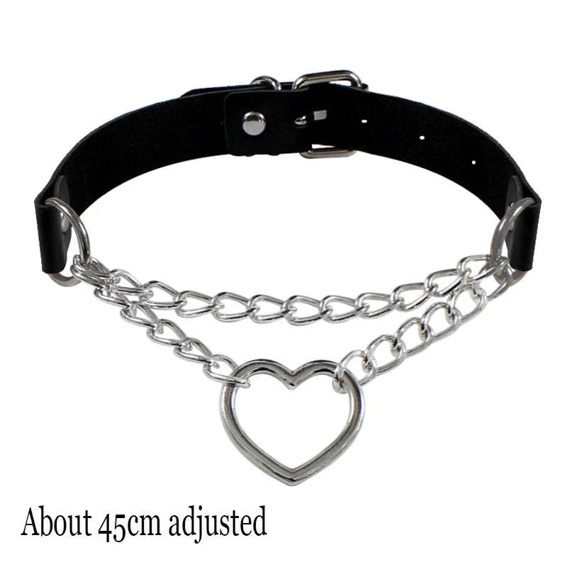 Black PU Leather Heart Lock Choker Necklace-Long Rivet