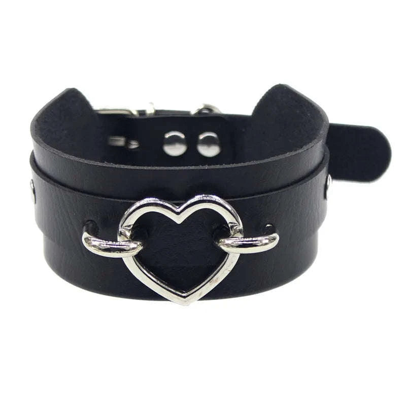 Black PU Leather Heart Lock Choker Necklace-Long Rivet