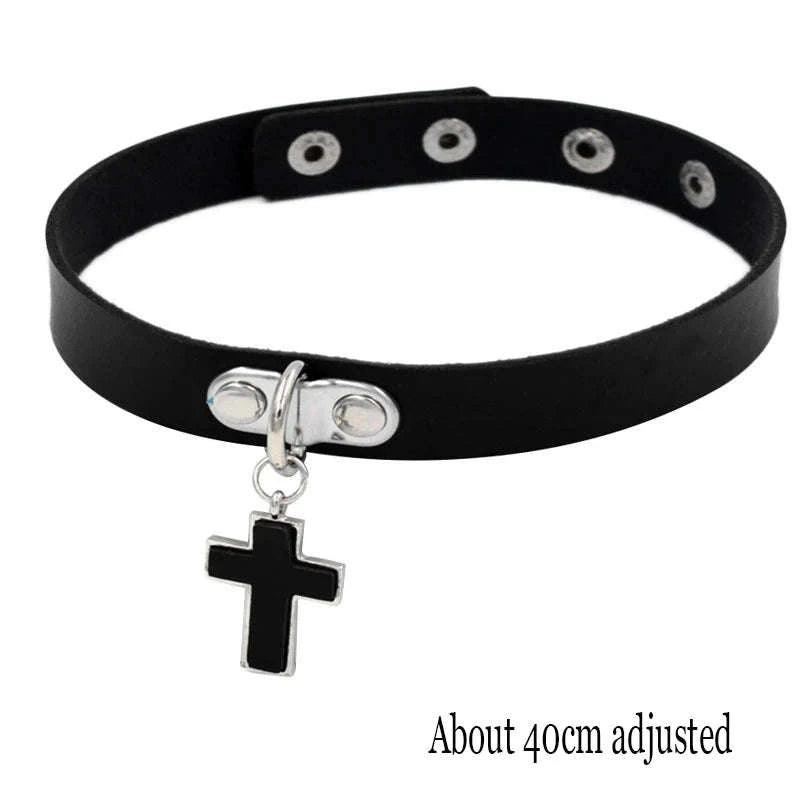 Black PU Leather Heart Lock Choker Necklace-Long Rivet