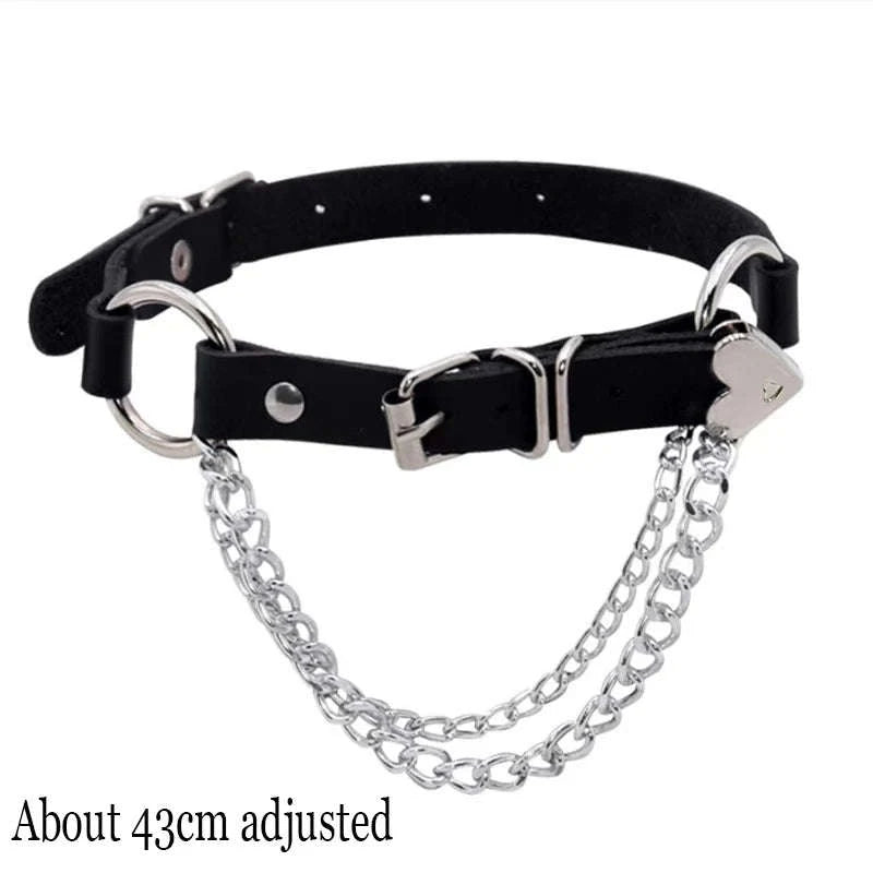 Black PU Leather Heart Lock Choker Necklace-Long Rivet