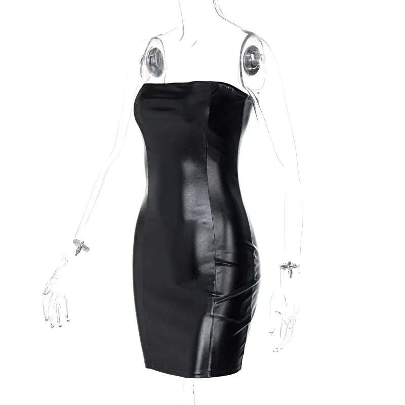 Black PU Leather Strapless Mini Dress-black / L