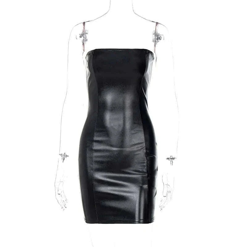 Black PU Leather Strapless Mini Dress for Night Out Style-black / L