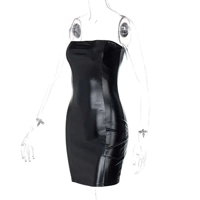 Black PU Leather Strapless Mini Dress for Night Out Style-black / L