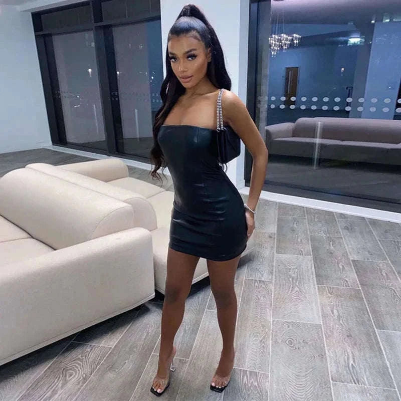 Black PU Leather Strapless Mini Dress for Night Out Style-black / L