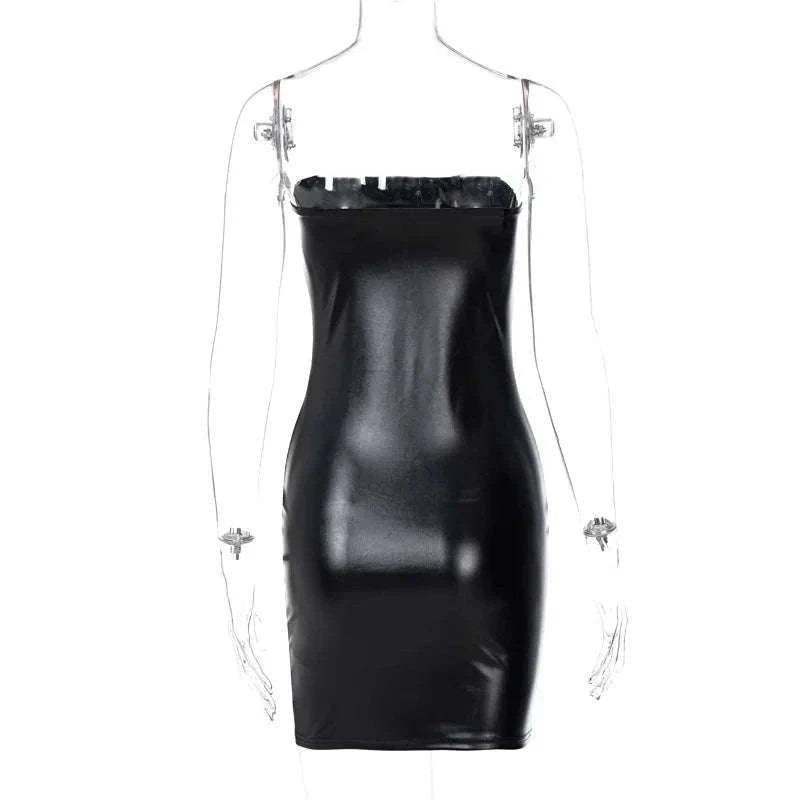 Black PU Leather Strapless Mini Dress for Night Out Style-black / L