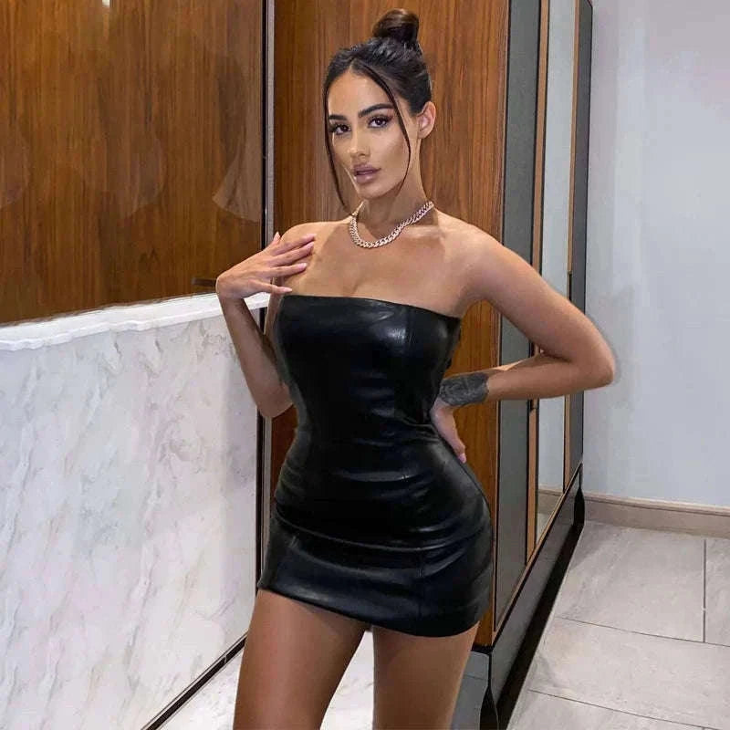 Black PU Leather Strapless Mini Dress for Night Out Style-black / L