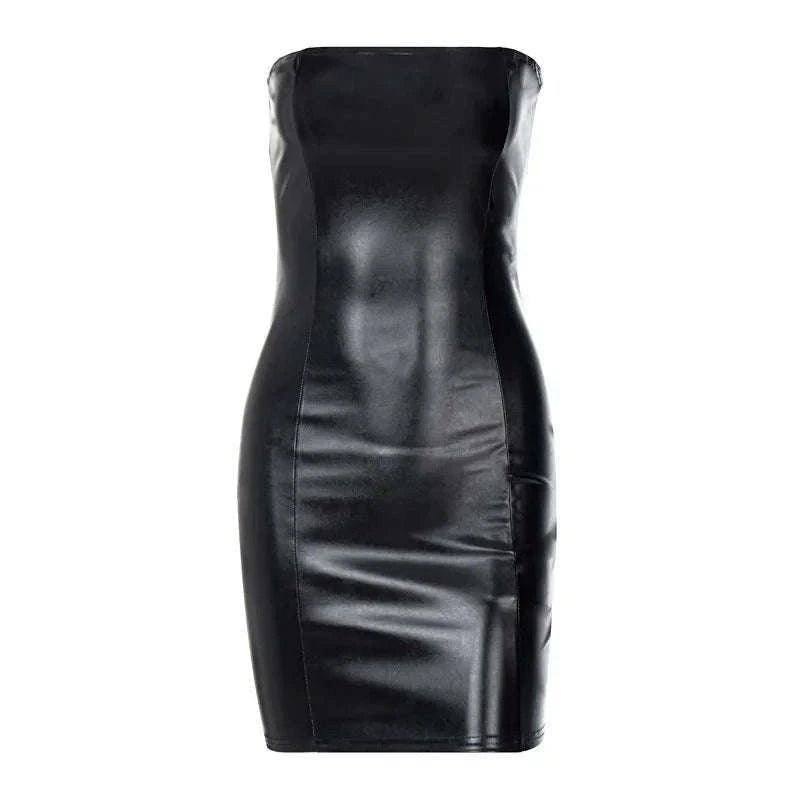 Black PU Leather Strapless Mini Dress for Night Out Style-black / L