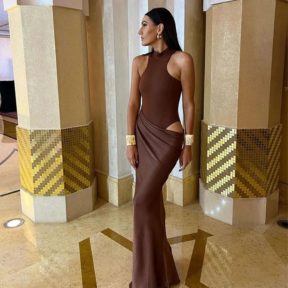 Black Satin Hollow-Out Maxi Dress-Brown Long Sleeve / L