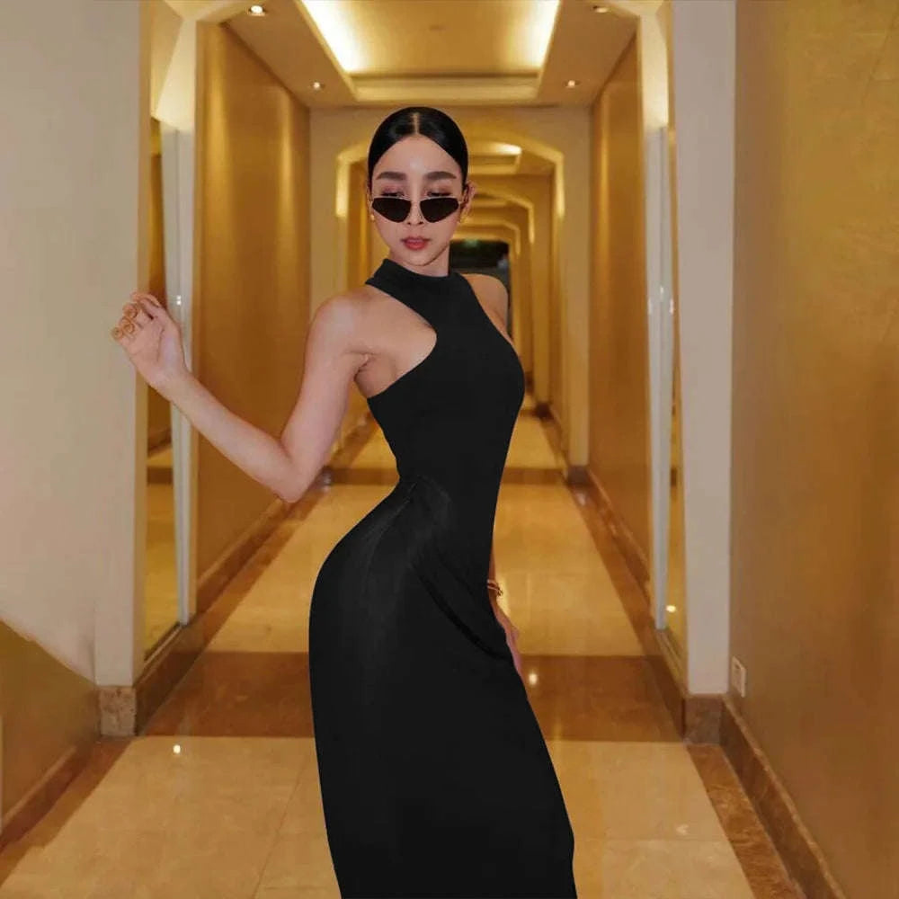 Black Satin Hollow-Out Maxi Dress-Brown Long Sleeve / L