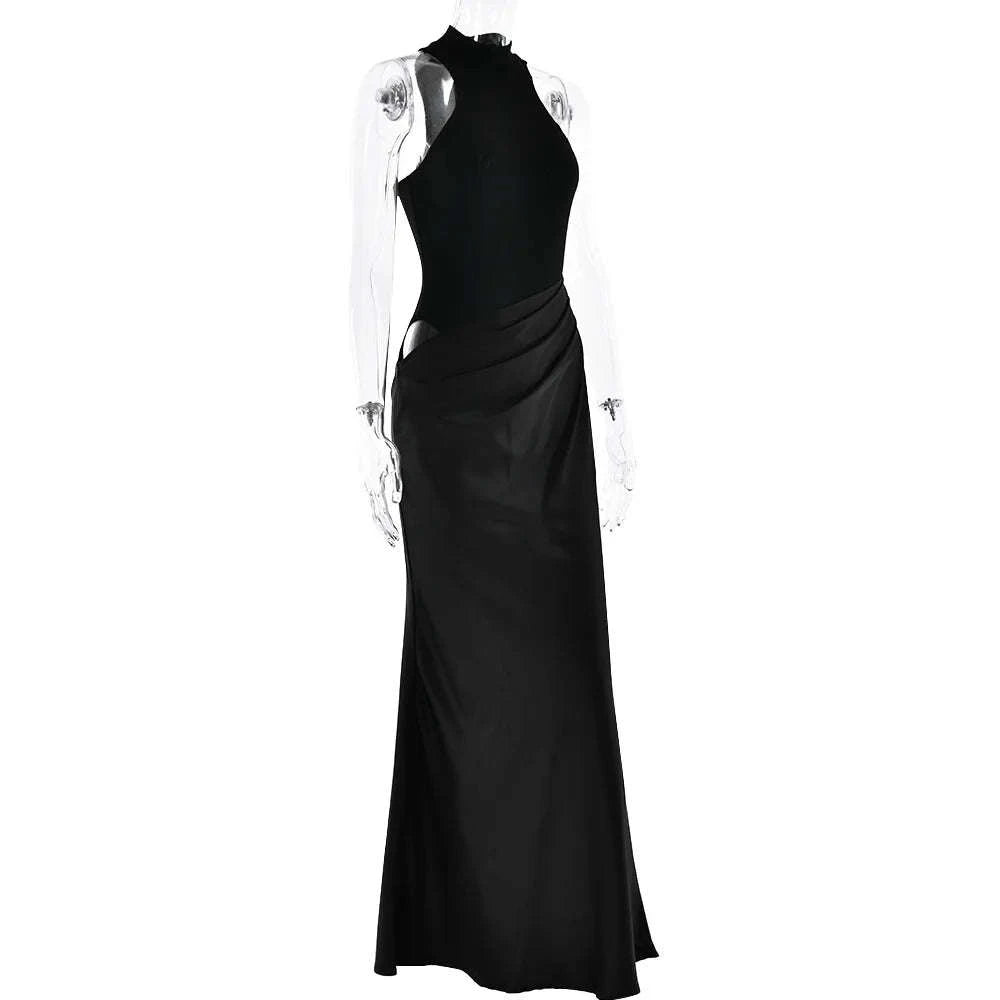 Black Satin Hollow-Out Maxi Dress-Brown Long Sleeve / L
