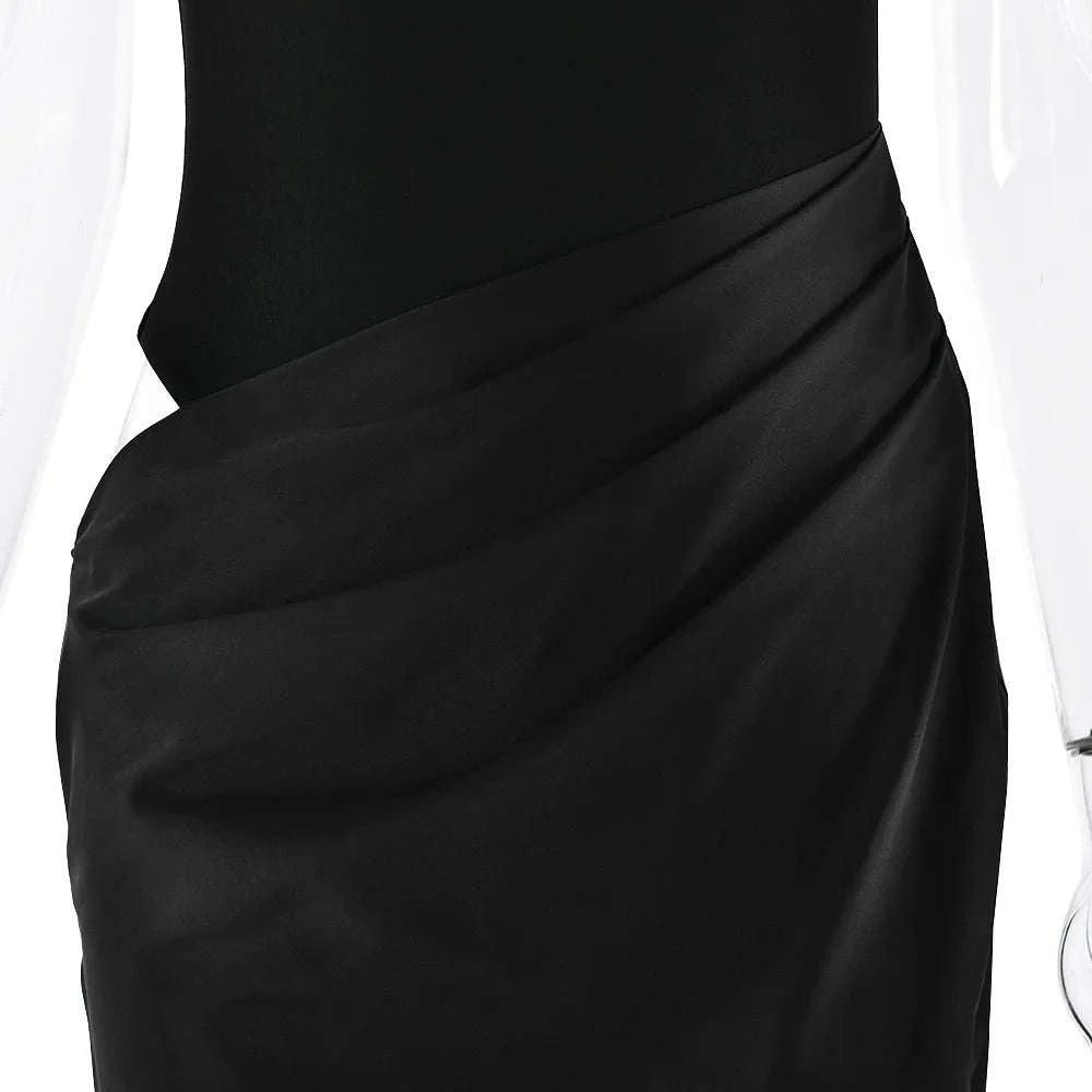 Black Satin Hollow-Out Maxi Dress-Brown Long Sleeve / L