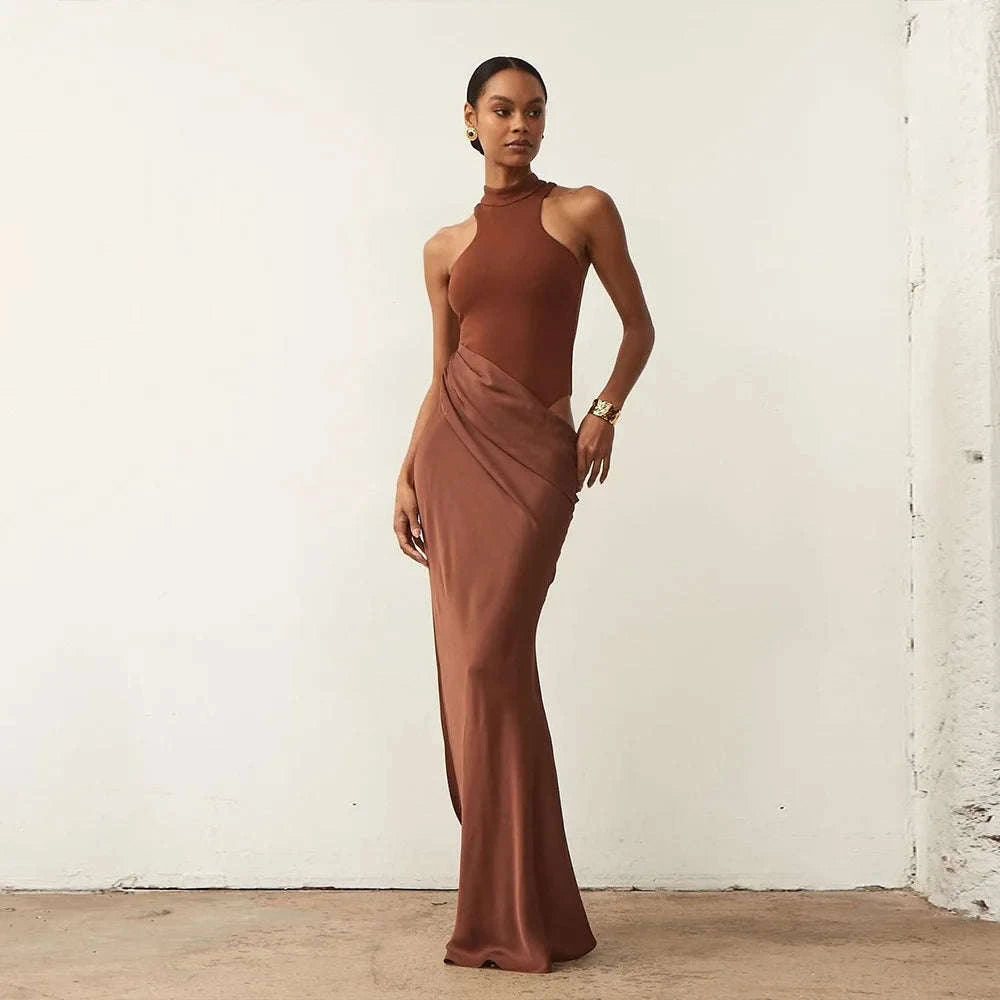 Black Satin Hollow-Out Maxi Dress-Brown Long Sleeve / L