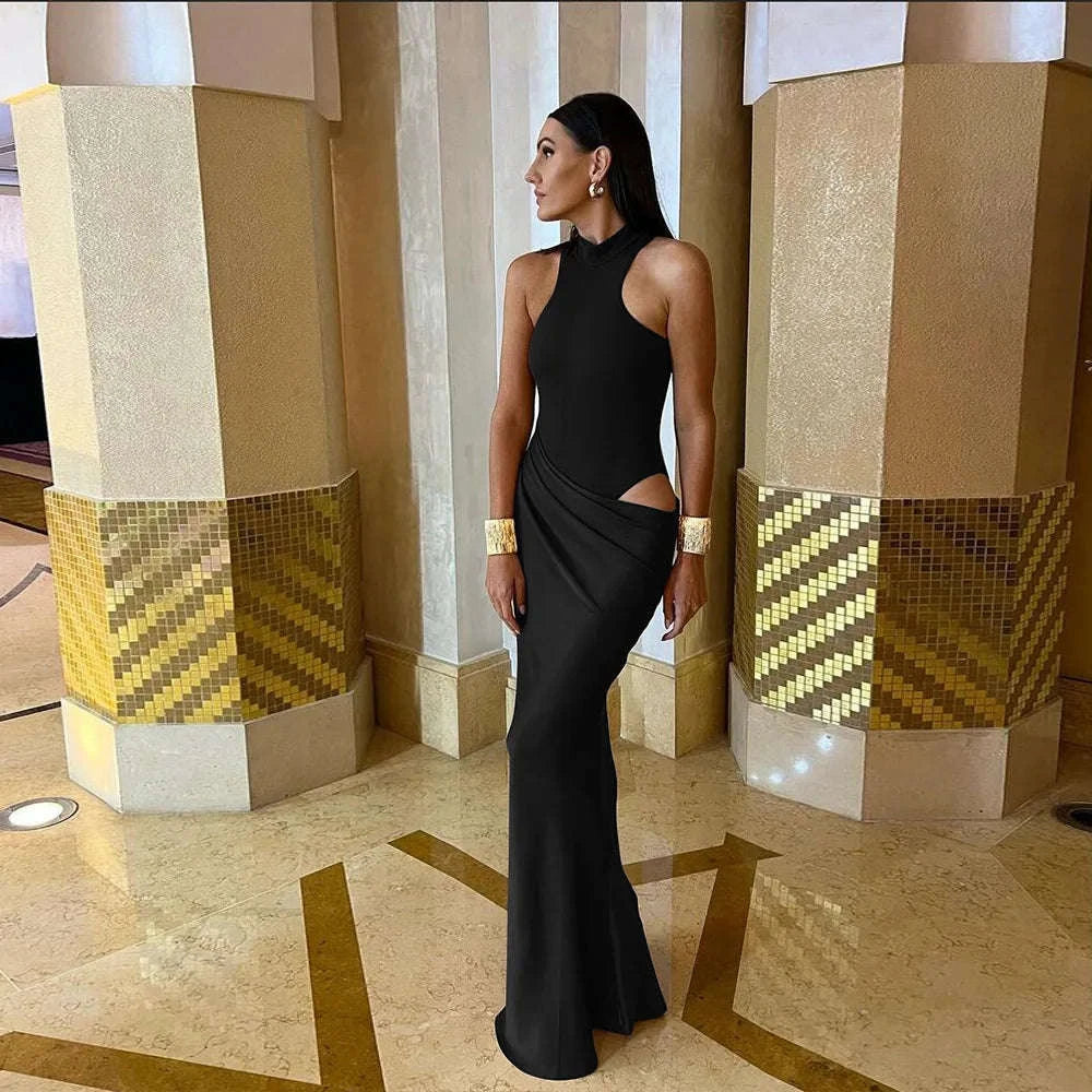 Black Satin Hollow-Out Maxi Dress-Brown Long Sleeve / L