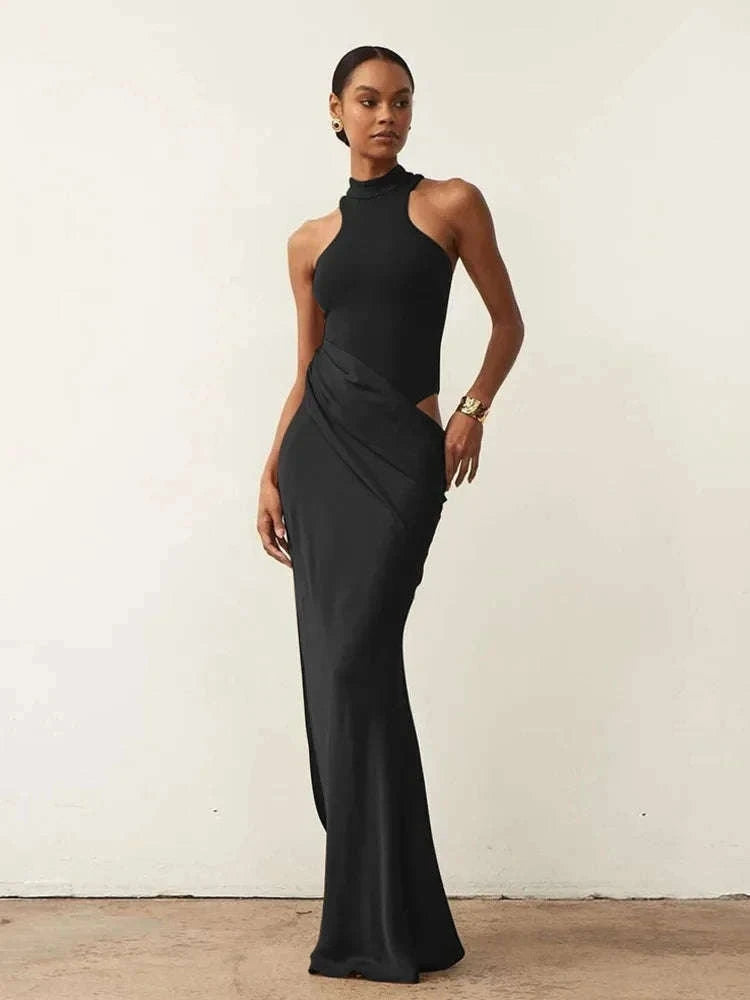 Black Satin Hollow-Out Maxi Dress-Brown Long Sleeve / L