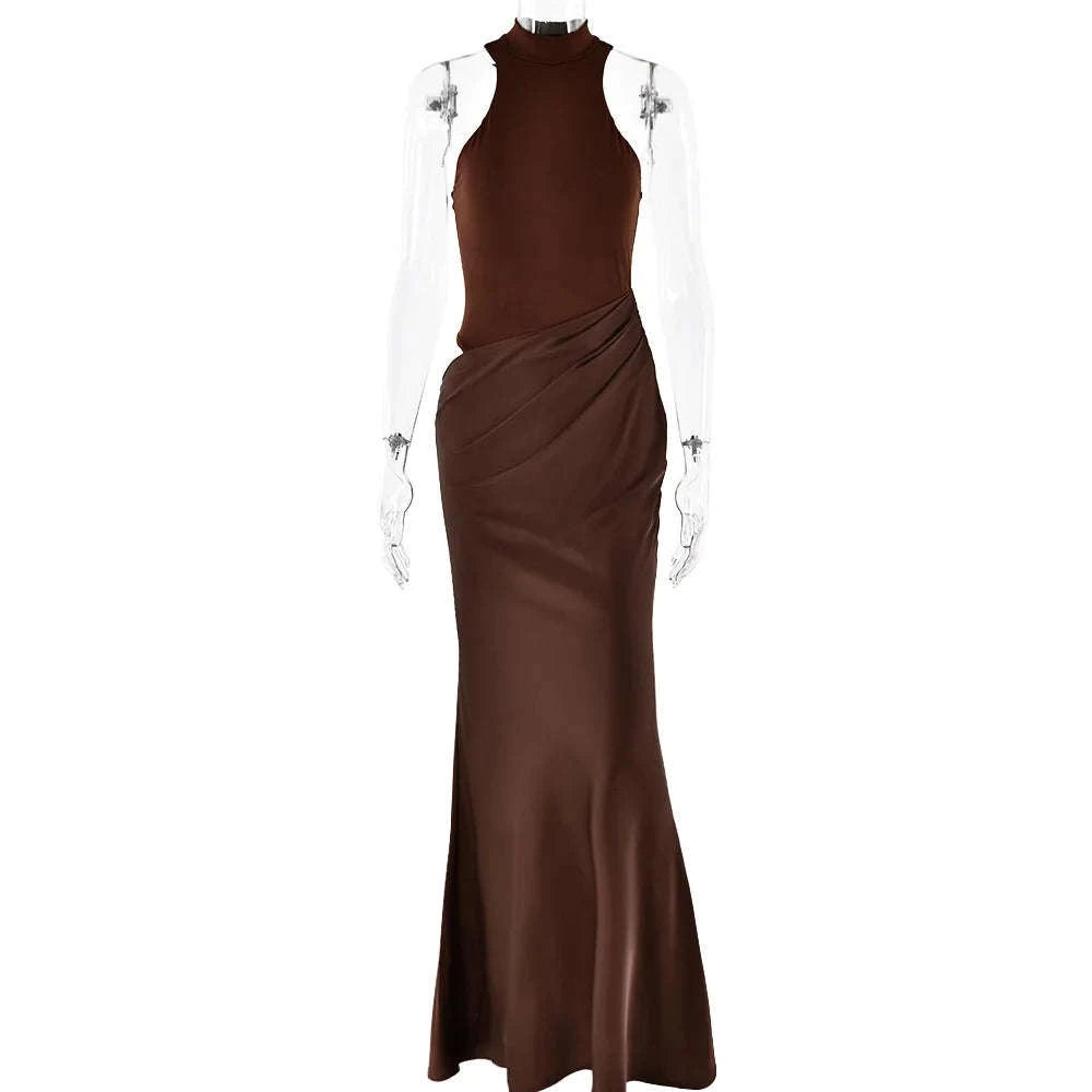 Black Satin Hollow-Out Maxi Dress-Brown Long Sleeve / L