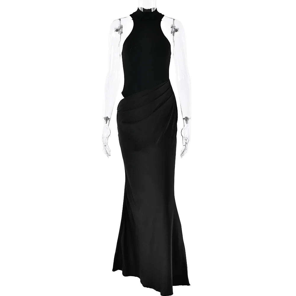 Black Satin Hollow-Out Maxi Dress-Brown Long Sleeve / L