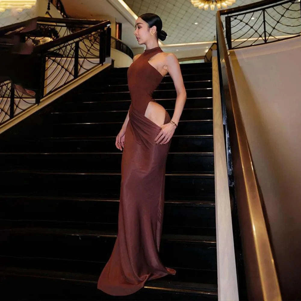 Black Satin Hollow-Out Maxi Dress-Brown Long Sleeve / L