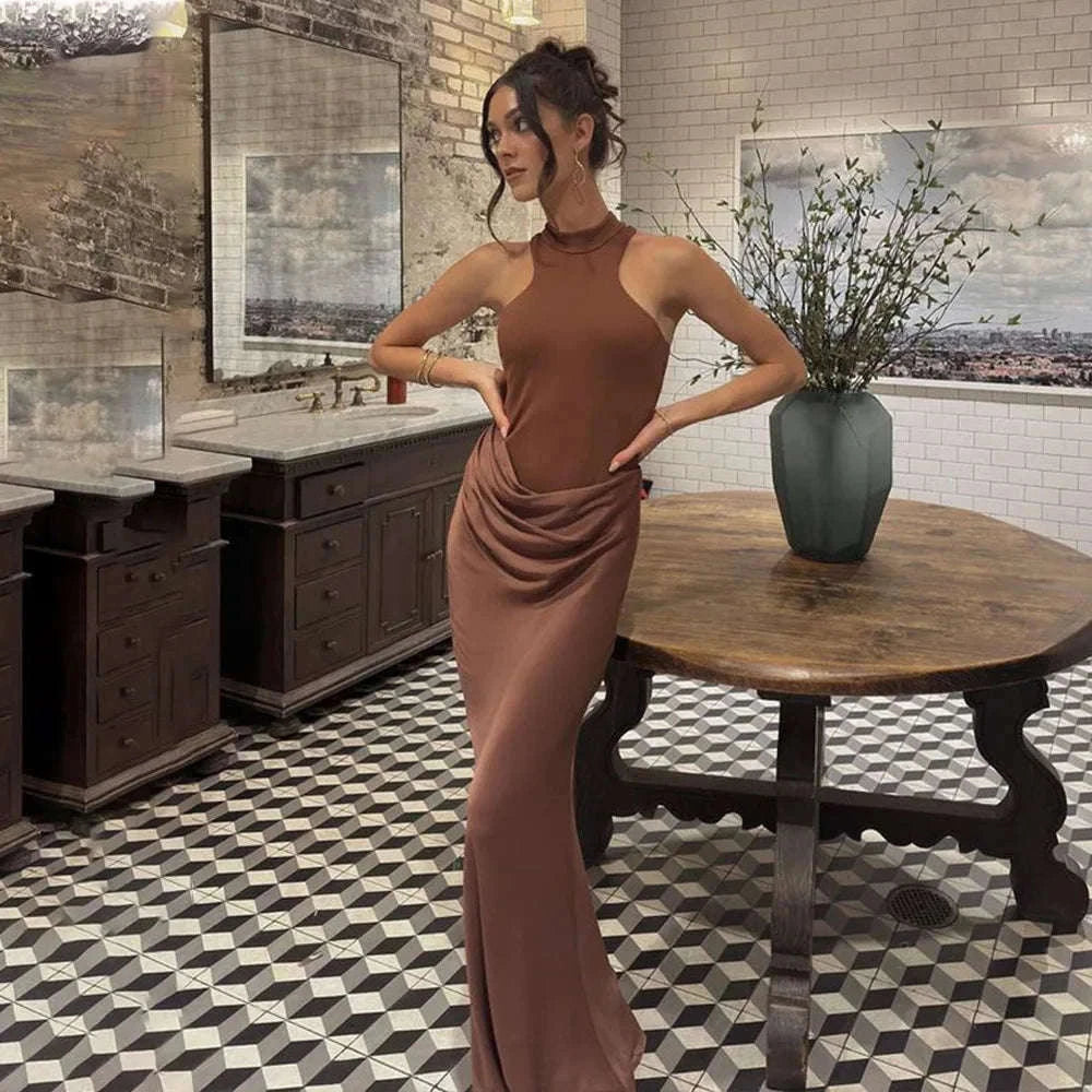 Black Satin Hollow-Out Maxi Dress for Bold Evening Style-Brown Long Sleeve / L