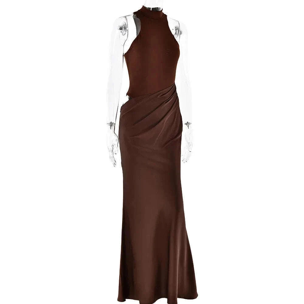 Black Satin Hollow-Out Maxi Dress for Bold Evening Style-Brown Long Sleeve / L