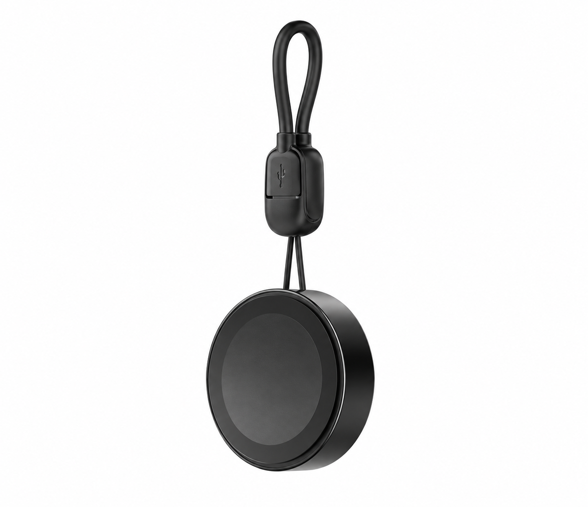 Black portable magnetic watch charger on white background