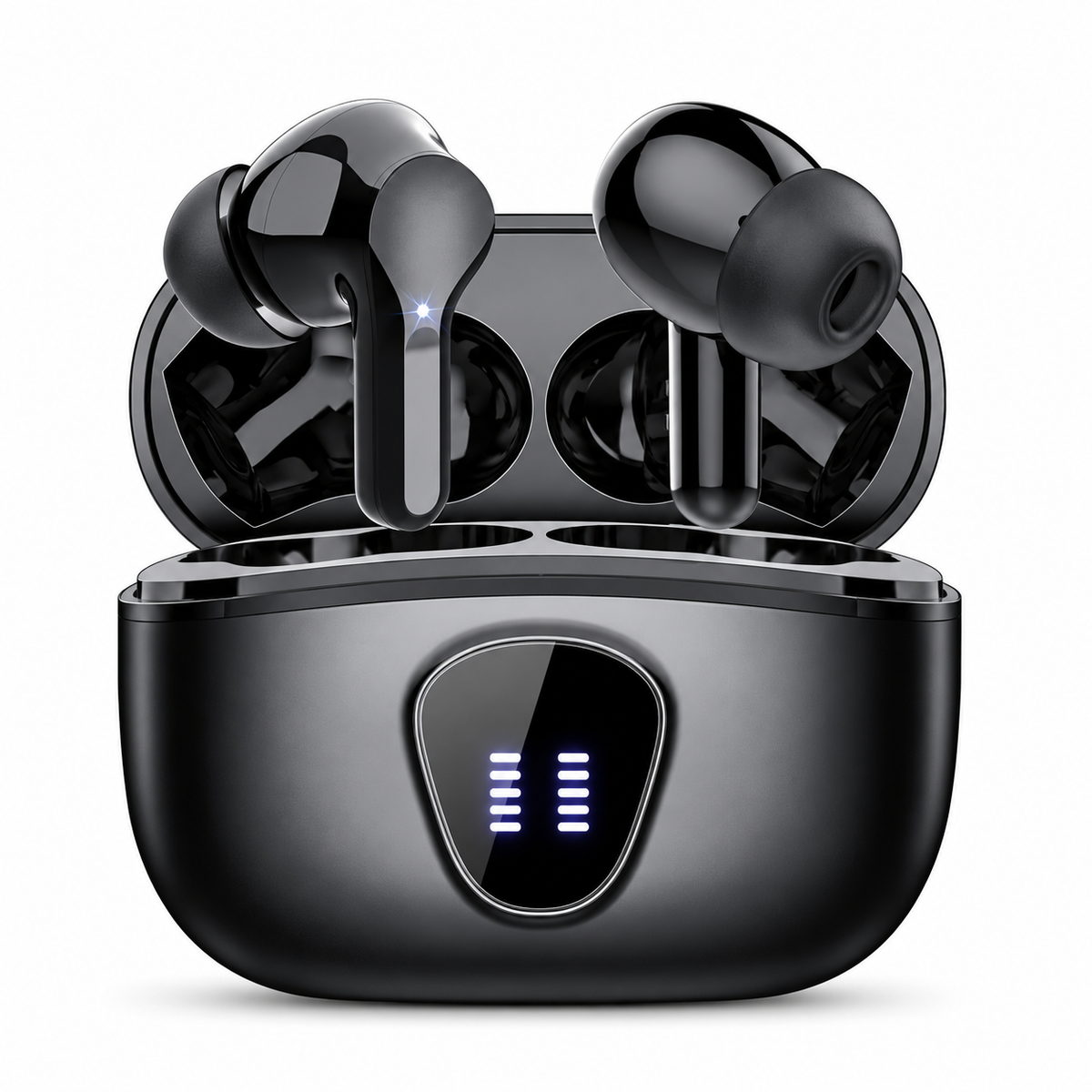 Black wireless earbuds with charging case and battery indicator on white background