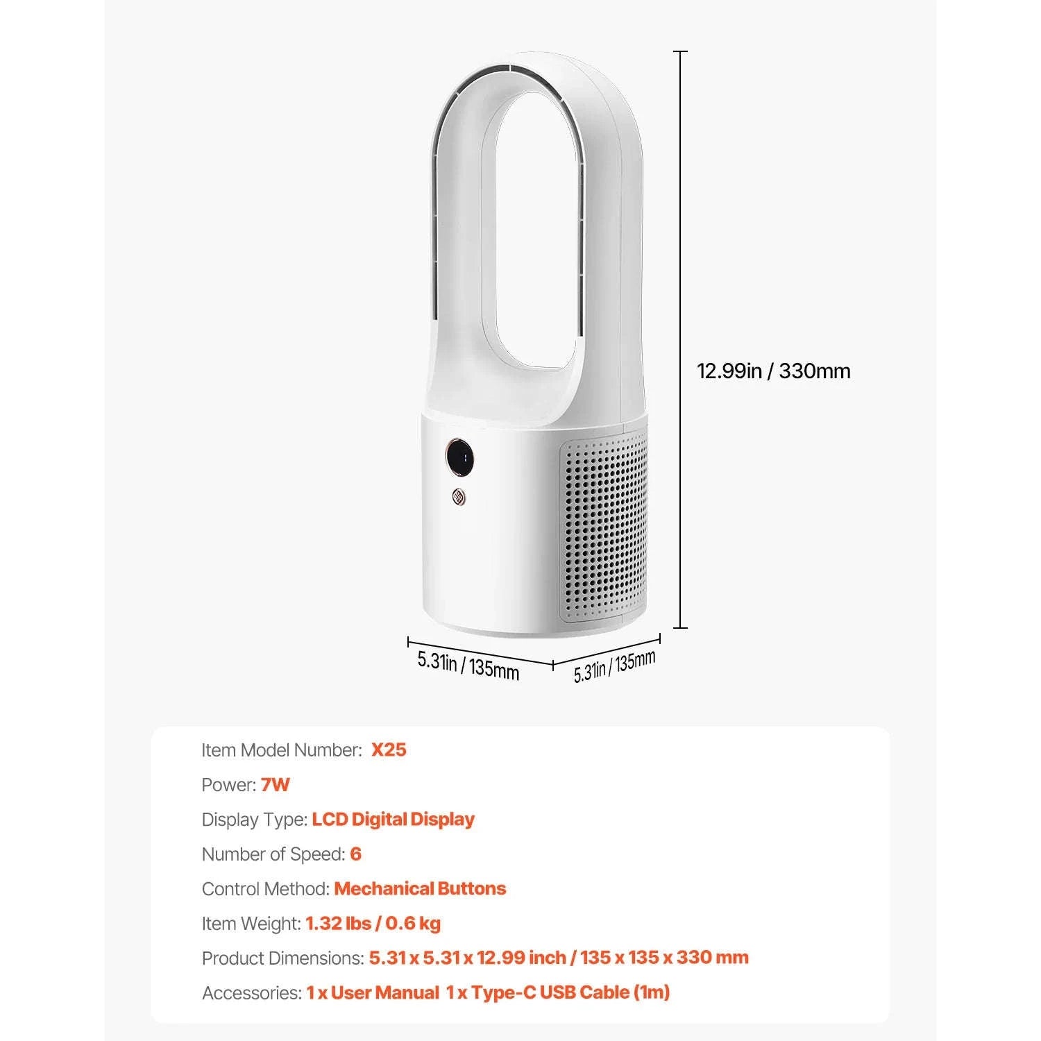 Bladeless Desk Fan with 6 Speeds Quiet 7W Cooling Tower-Without battery / United States