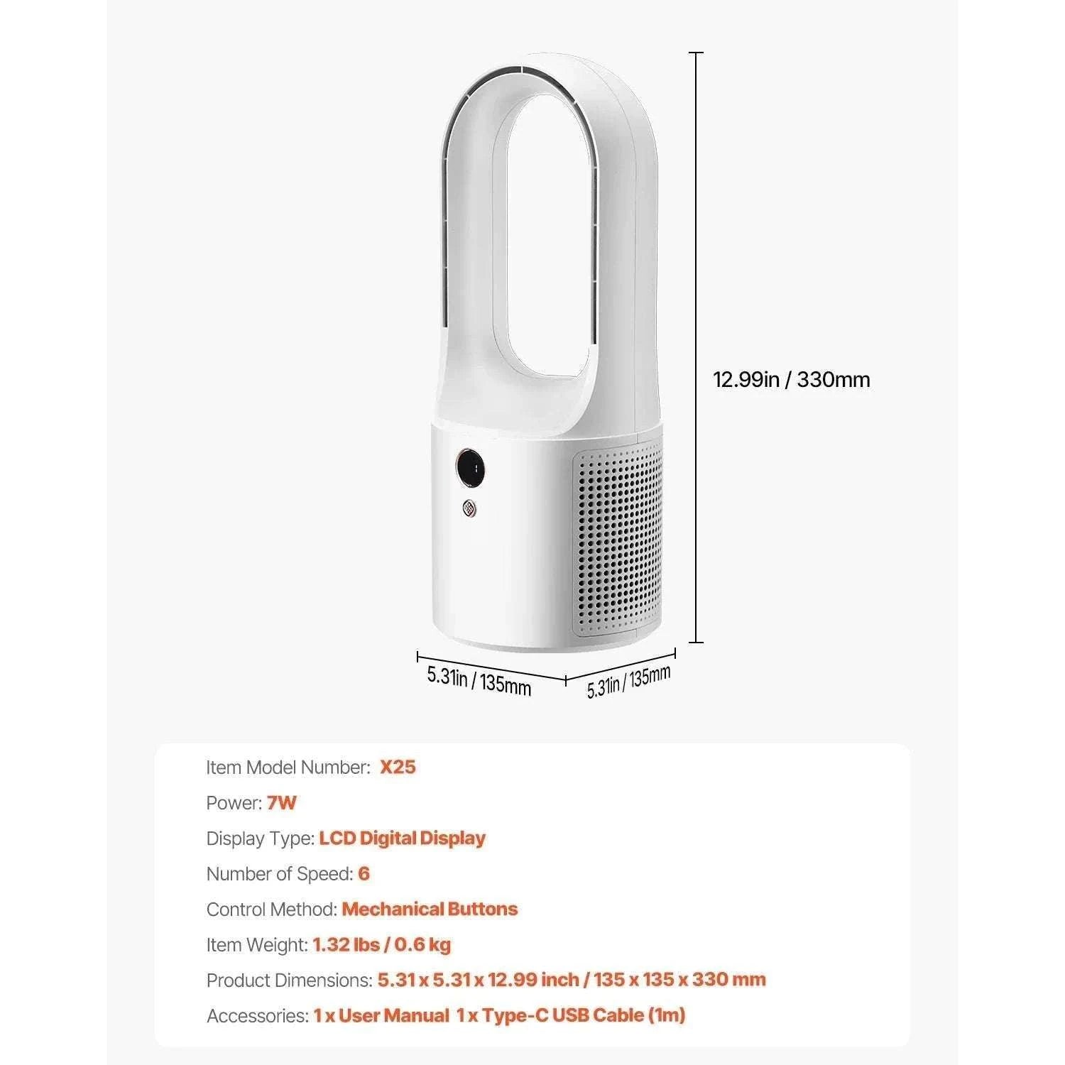 Bladeless Desk Fan with 6 Speeds Quiet 7W Cooling Tower-Without battery / United States