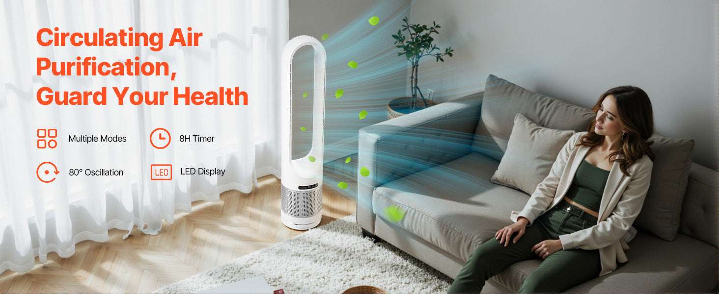 Bladeless Tower Fan with 8 Speeds, HEPA Purifier & Remote-34 inch / United States