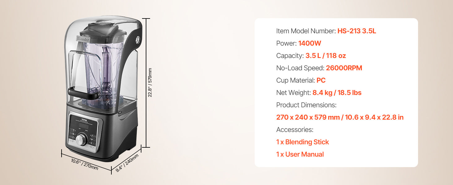 1400W High-Speed Blender with Noise Cover 2.5L/3.5L Capacity