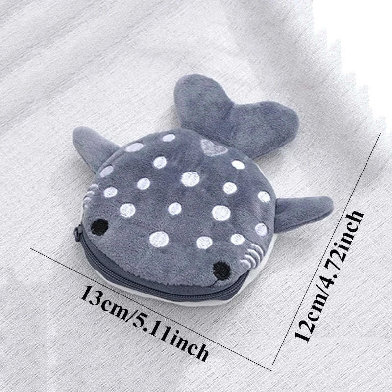 Blue Shark & Whale Plush Coin Purse – Cute Zipper Wallet-grey