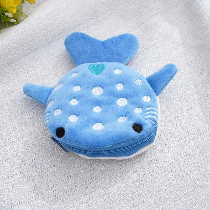 Blue Shark & Whale Plush Coin Purse – Cute Zipper Wallet-grey