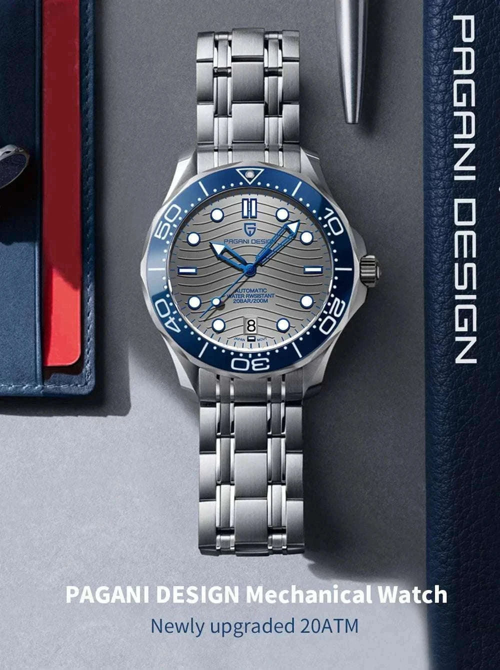 Blue Wave Dial Automatic Diver Watch with Sapphire Crystal-Rose Gold Green 2 / france
