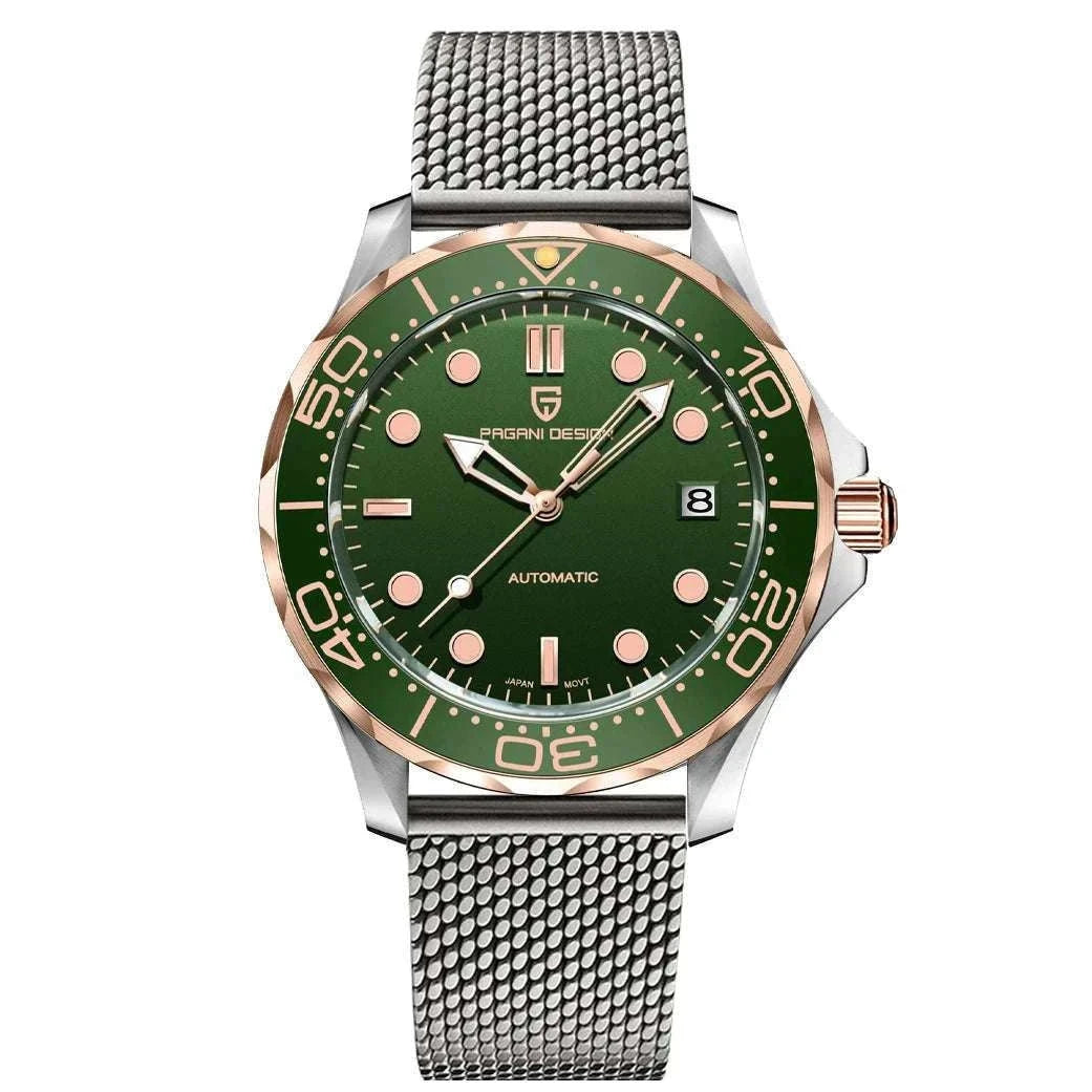 Blue Wave Dial Automatic Diver Watch with Sapphire Crystal-Rose Gold Green 2 / france