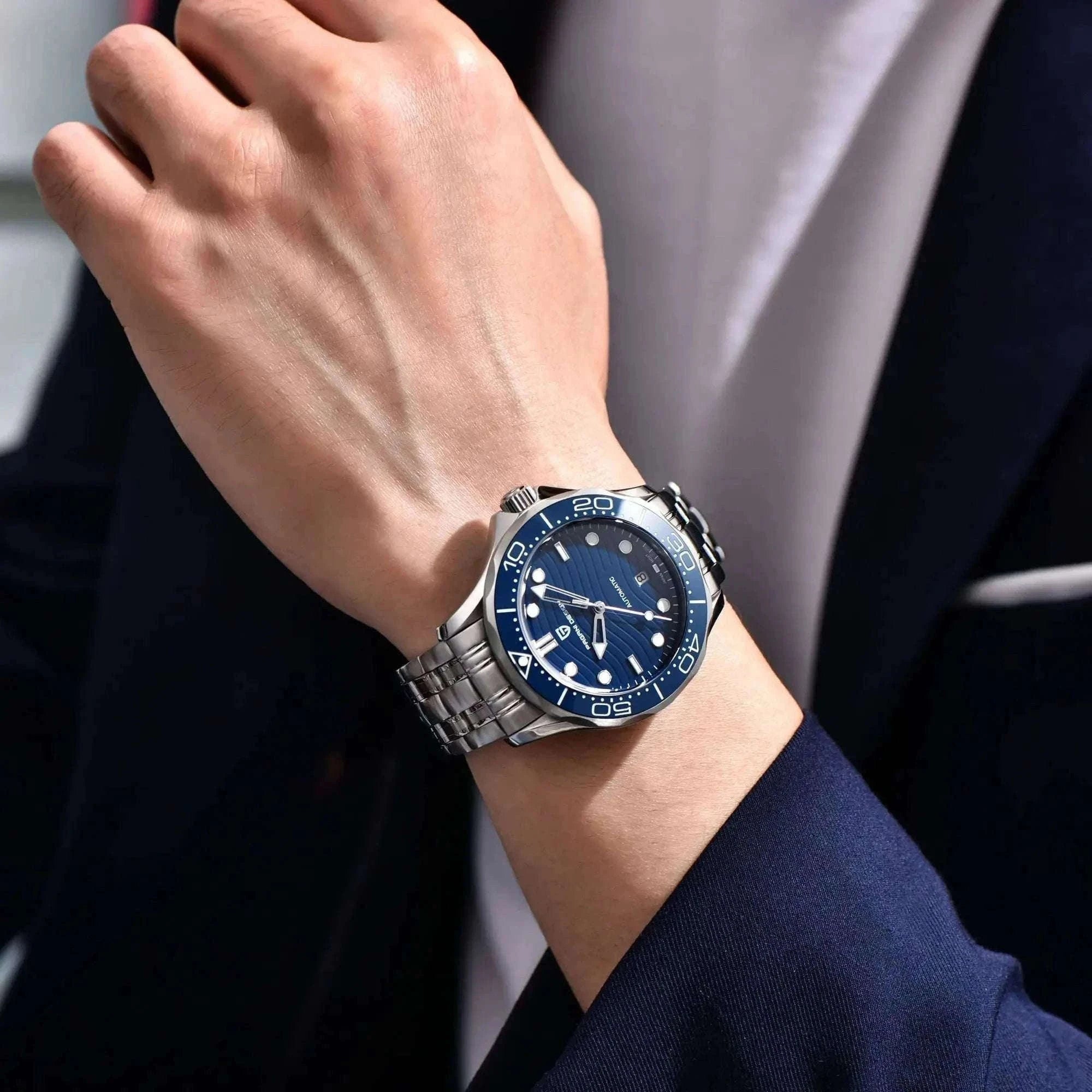 Blue Wave Dial Automatic Diver Watch with Sapphire Crystal-Rose Gold Green 2 / france
