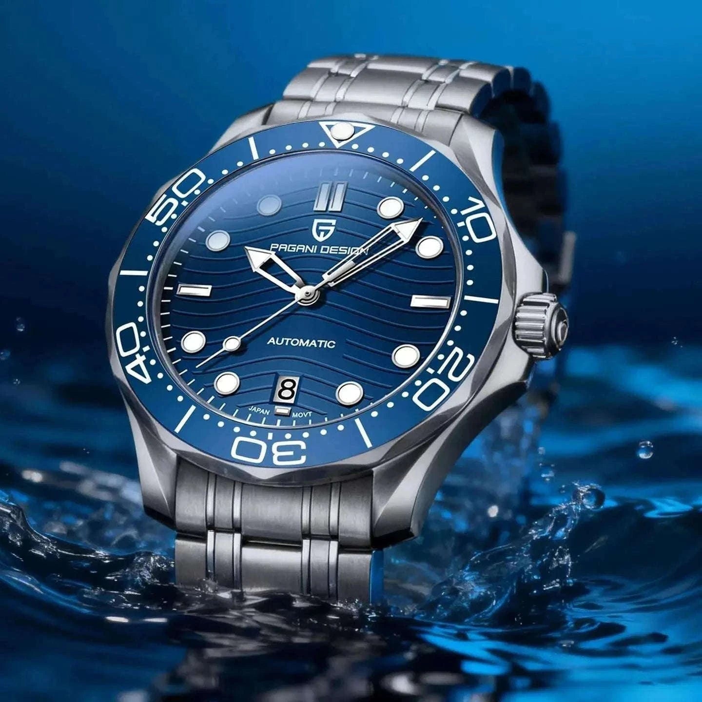 Blue Wave Dial Automatic Diver Watch with Sapphire Crystal-Rose Gold Green 2 / france