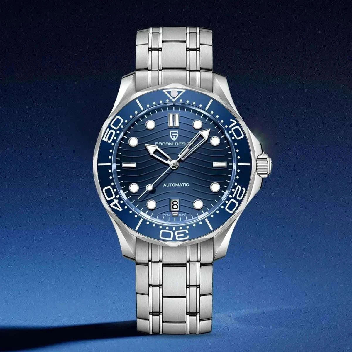 Blue Wave Dial Automatic Diver Watch with Sapphire Crystal-Rose Gold Green 2 / france
