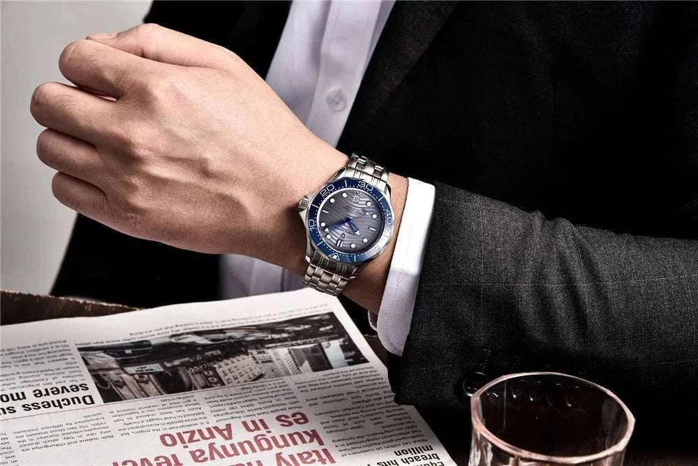 Blue Wave Dial Automatic Diver Watch with Sapphire Crystal-Rose Gold Green 2 / france