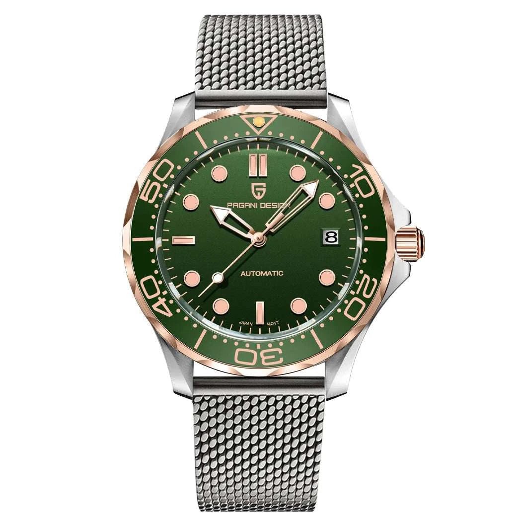 Blue Wave Dial Automatic Diver Watch with Sapphire Crystal-Rose Gold Green 2 / france
