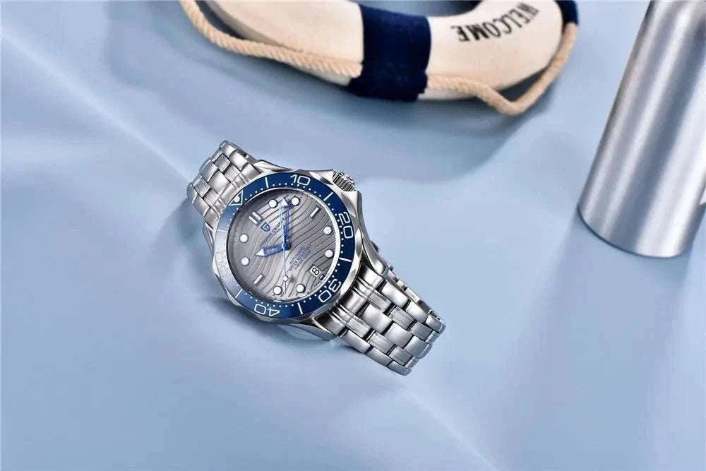 Blue Wave Dial Automatic Diver Watch with Sapphire Crystal-Rose Gold Green 2 / france