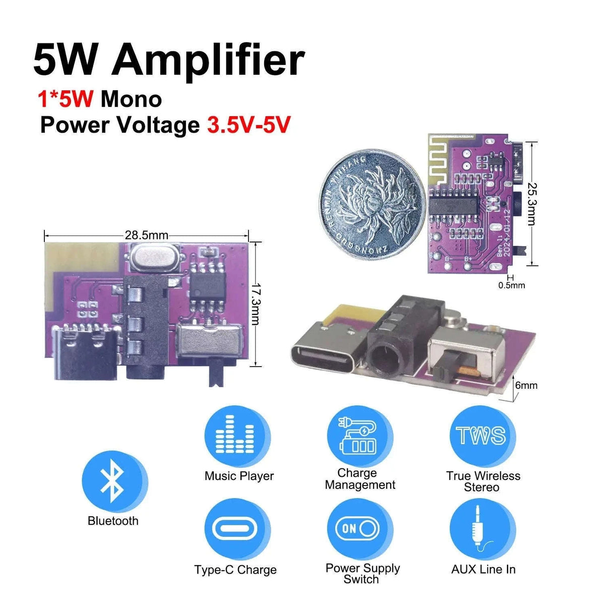 Bluetooth 5.4 Mono Amplifier Board for DIY Speakers-Default Title
