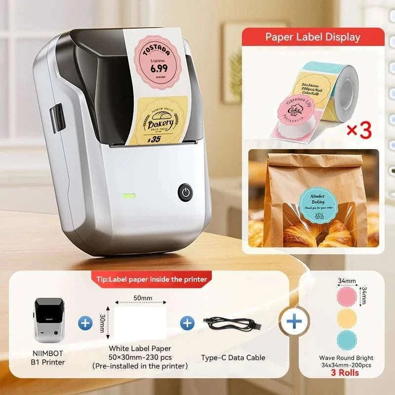 Bluetooth Thermal Label Printer B1 Wireless Barcode & Sticker Maker-D BL-34mm-3Roll / China Mainland