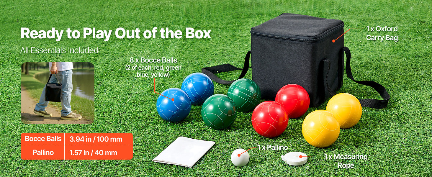 SucceBuy Bocce Ball Set 8 Resin Balls with Pallino Carry Bag and Measuring Rope Multi Color for Beach Lawn and Backyard Games