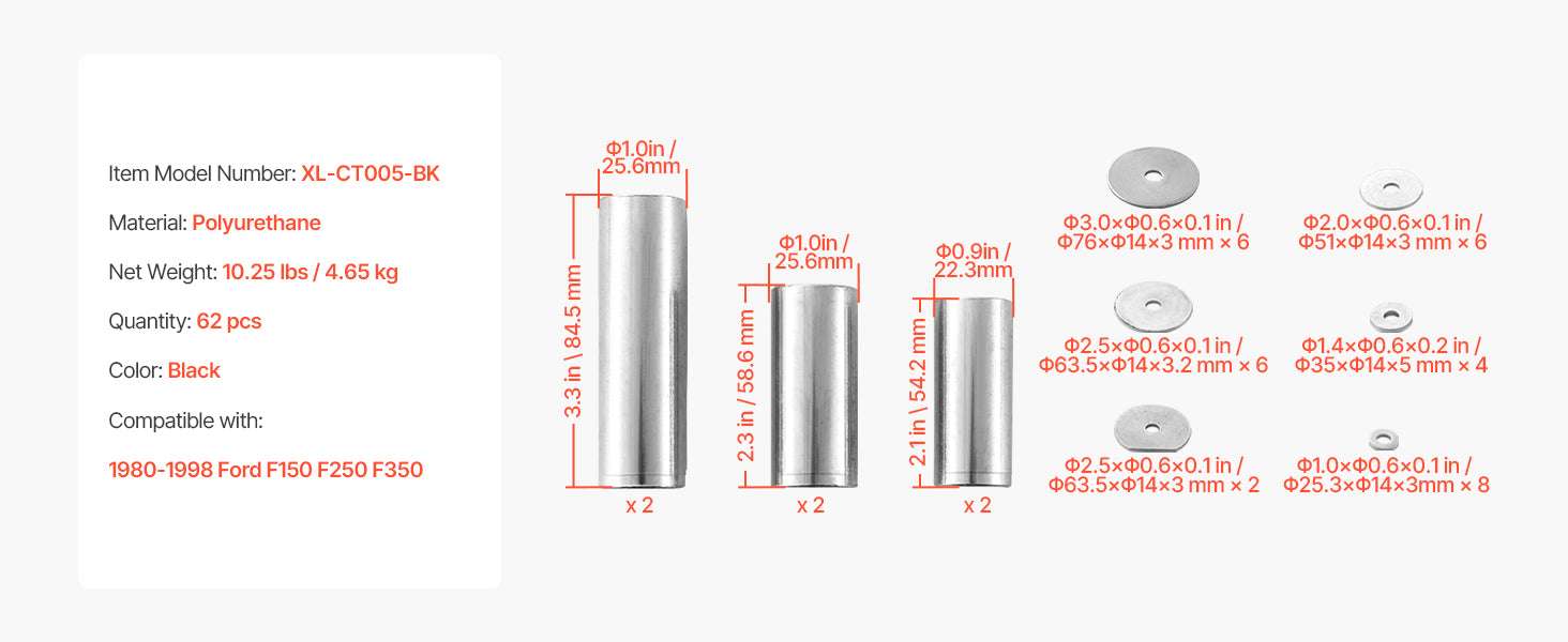 Body Mount Bushing Kit 60/62 PCS for 1980–1998 Ford F150 F250 F350-F250 F350 Red 60pcs / United States