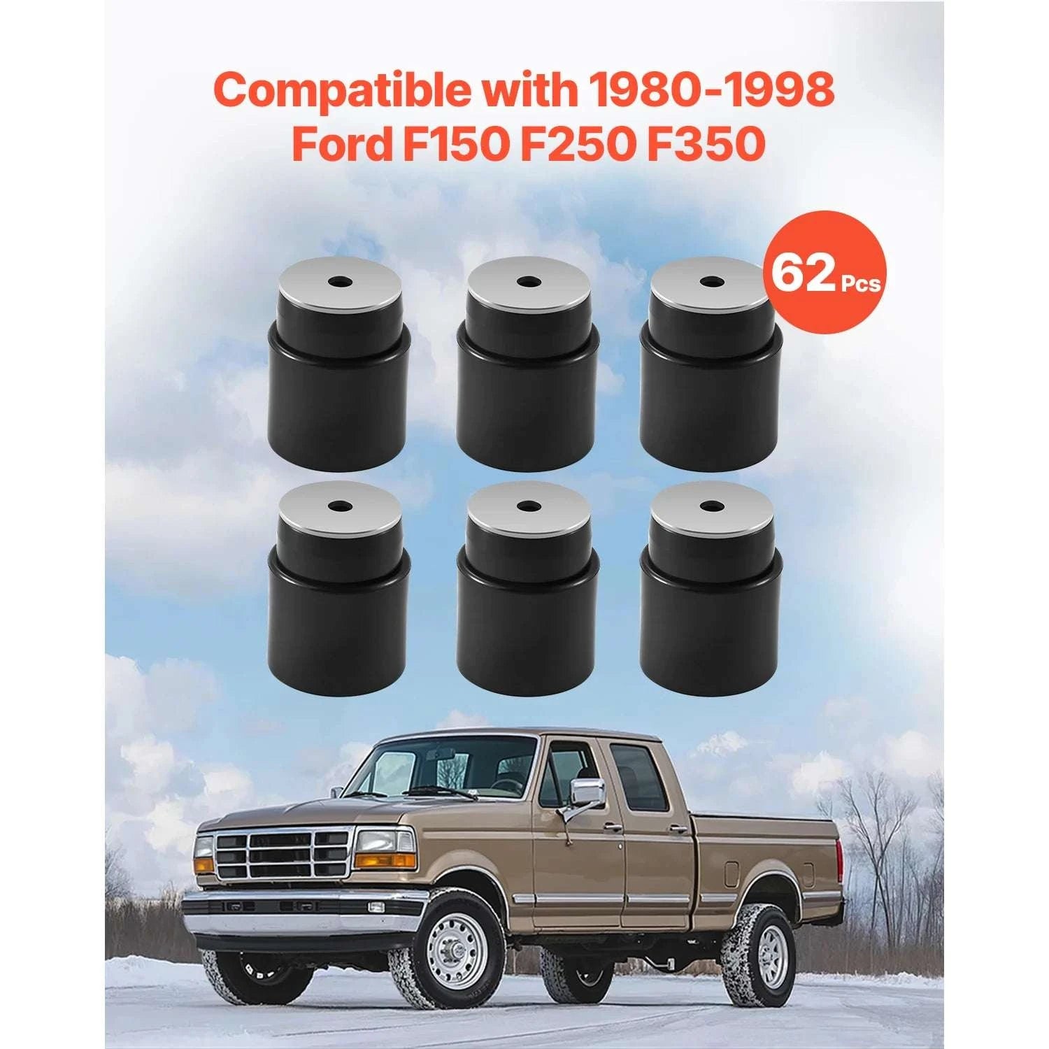 Body Mount Bushing Kit 60/62 PCS for 1980–1998 Ford F150 F250 F350-F250 F350 Red 60pcs / United States