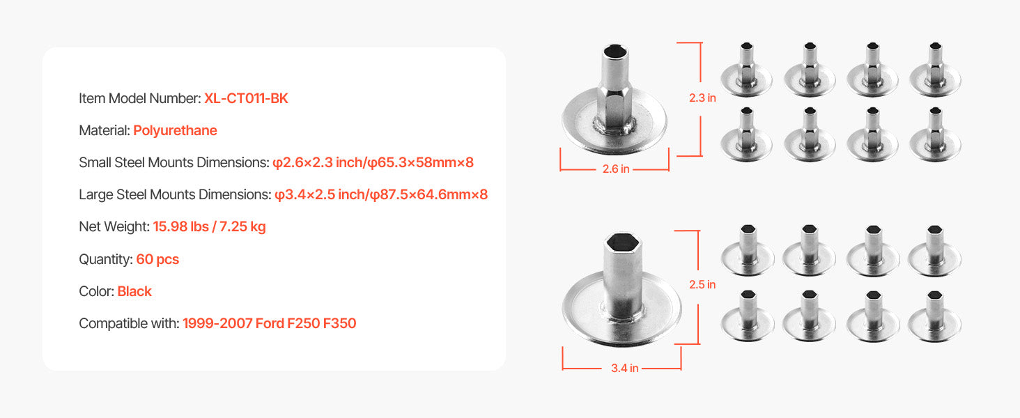 Body Mount Bushing Kit 60/62 PCS for 1980–1998 Ford F150 F250 F350