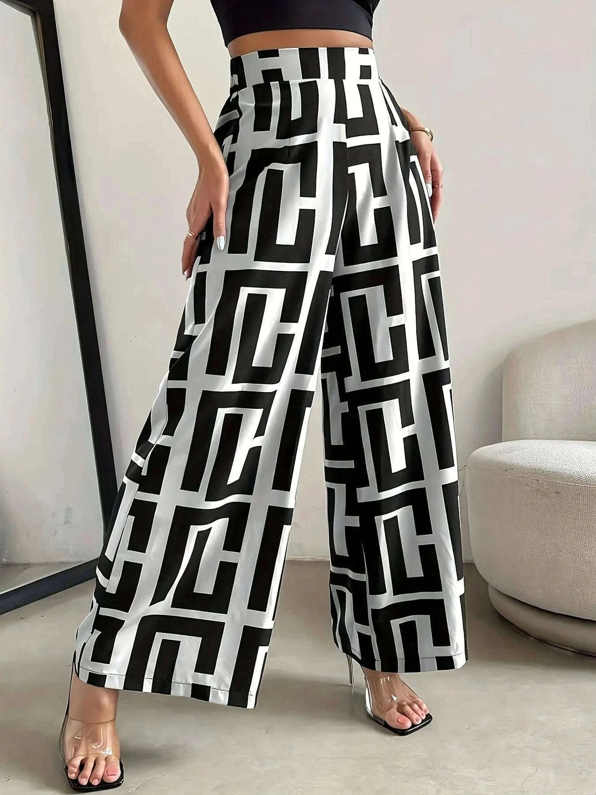 Bohemian Wide Leg Pants with Elastic Waist and Checkered Print-Black / XS